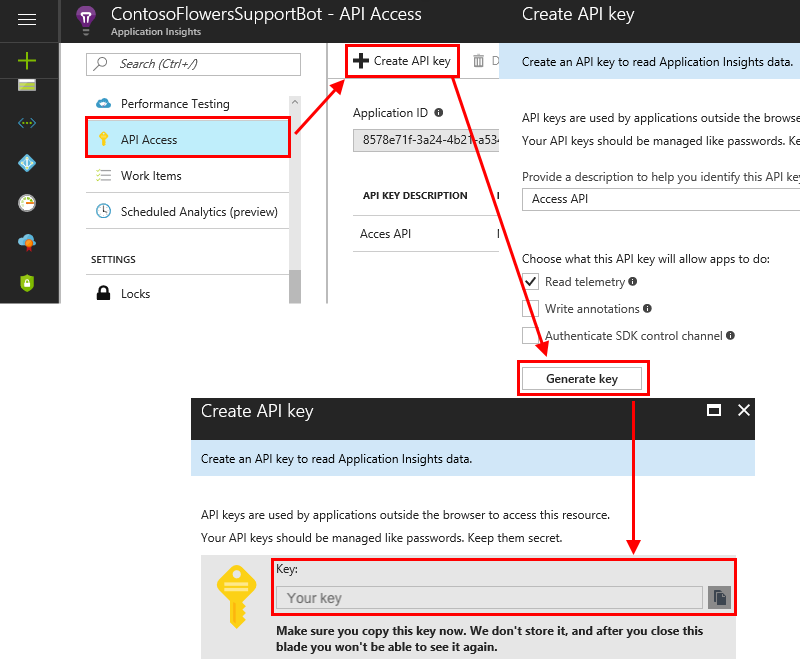 Azure Portal에서 API 키를 얻는 방법을 보여 주는 스크린샷