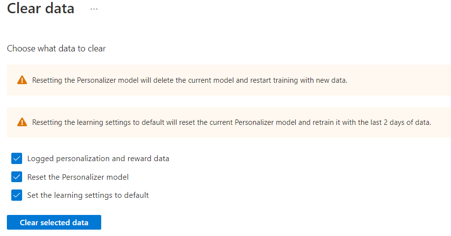 Azure Portal에서 Personalizer 리소스의 데이터를 지웁니다.