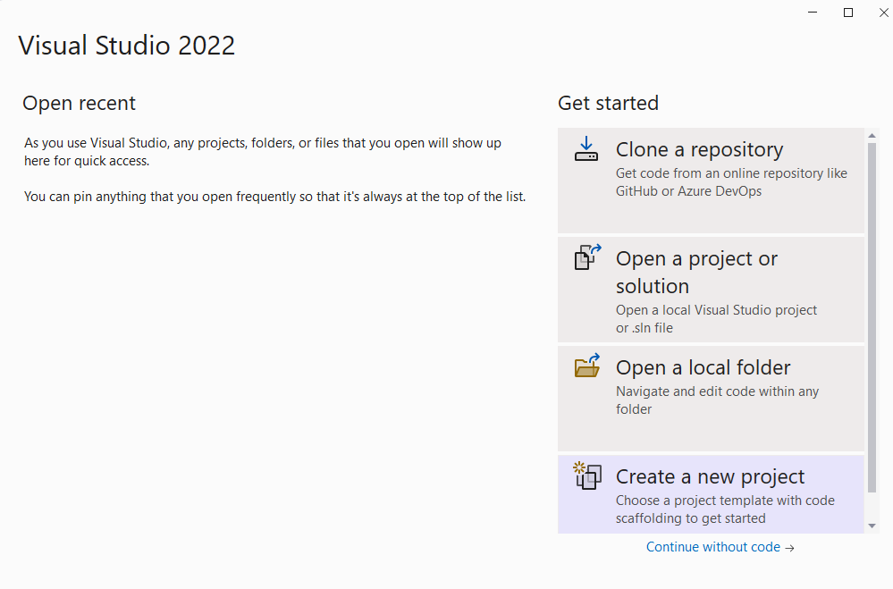 Visual Studio 2022 시작 창의 스크린샷.