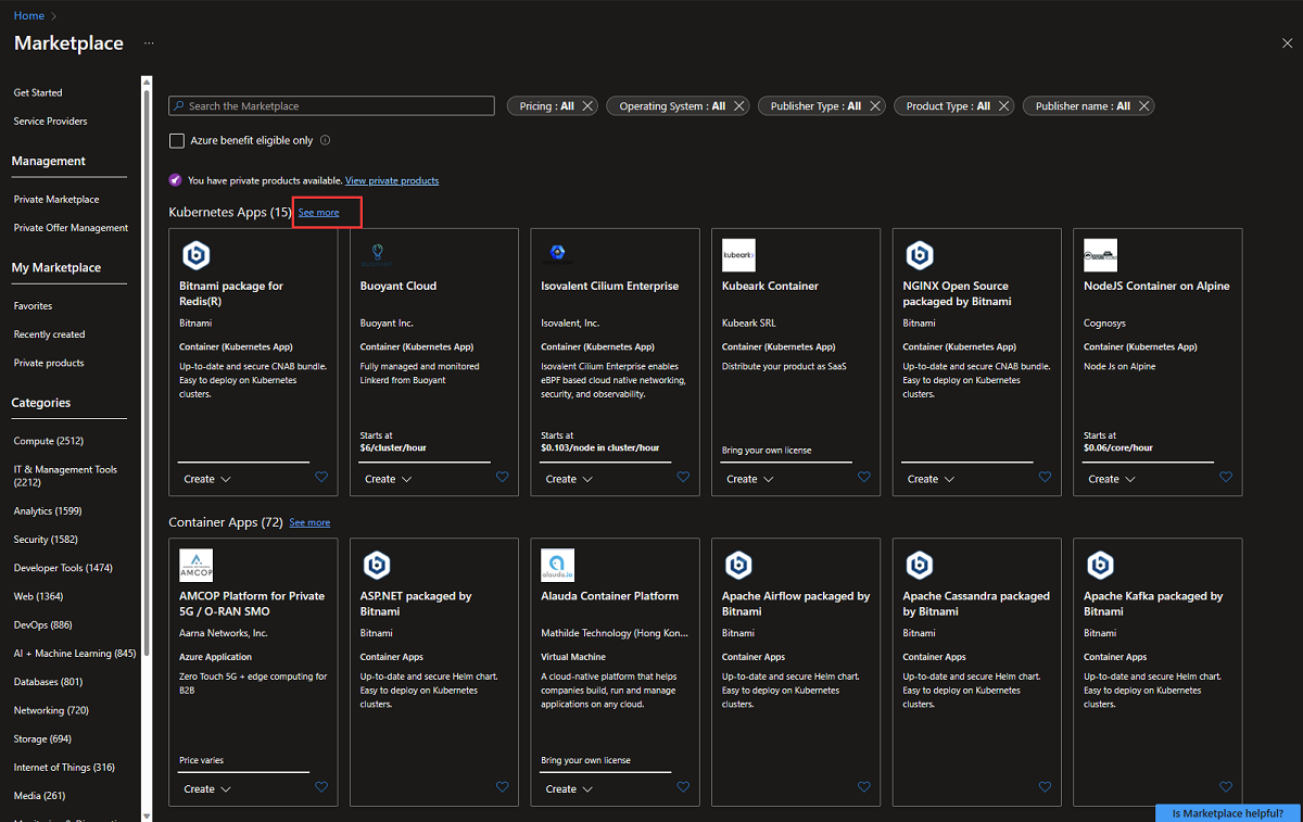 Azure Portal의 Azure Marketplace K8s 제품 스크린샷. '자세히 보기'가 강조 표시되어 있습니다.