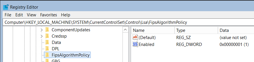 FIPS 알고리즘 정책에 대한 레지스트리 편집기의 모습과 편집기가 사용하도록 설정되어 있는 것을 보여 주는 스크린샷