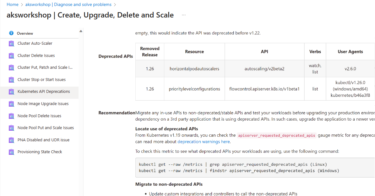 '선택된 Kubernetes API 사용 중단' 섹션을 보여 주는 Azure Portal의 스크린샷.