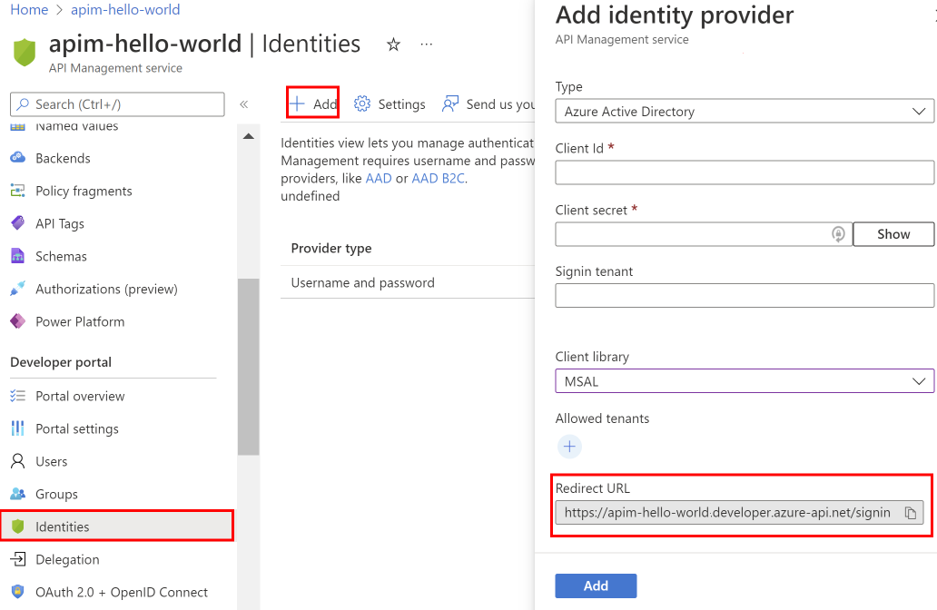 Azure Portal에서 ID 공급자를 추가하는 스크린샷.