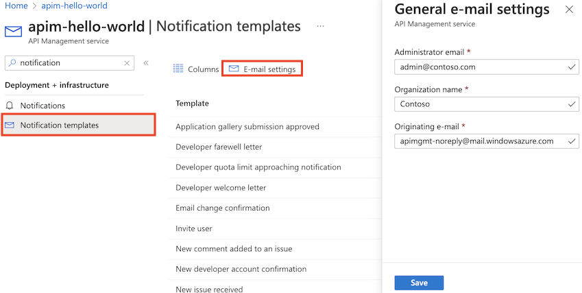 포털의 API Management 이메일 설정을 보여 주는 스크린샷