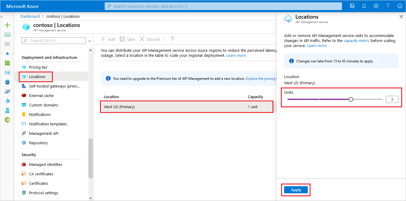 Azure Portal에서 API Management 서비스 스케일링