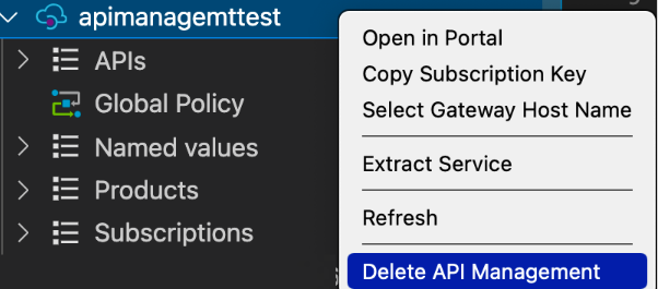 VS Code에서 API Management 인스턴스 삭제