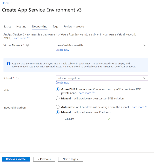 App Service Environment 네트워킹(ASE 내부) 선택을 보여주는 스크린샷.