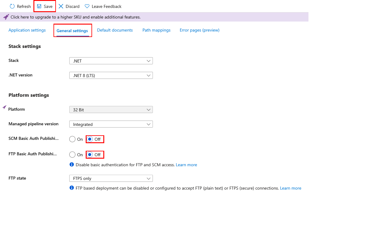 Azure Portal에서 Azure 앱 Service에 대한 기본 인증을 사용하지 않도록 설정하는 방법을 보여 주는 스크린샷