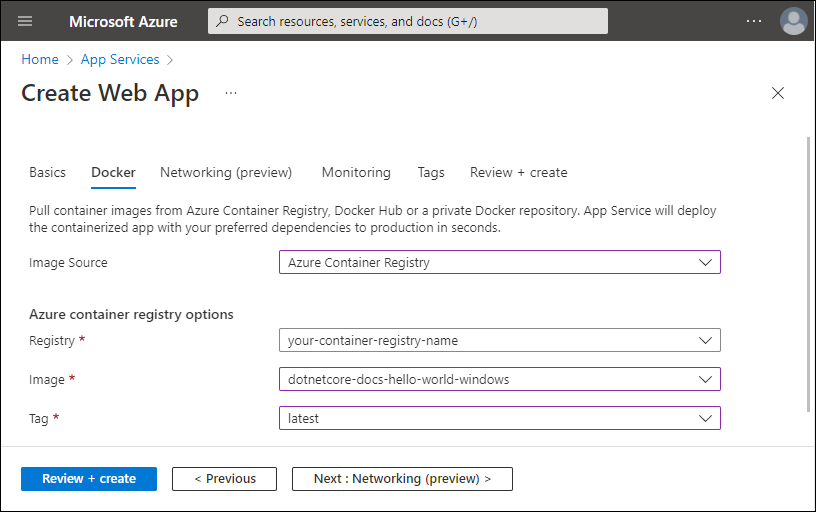 Azure Container Registry 옵션을 보여 주는 스크린샷