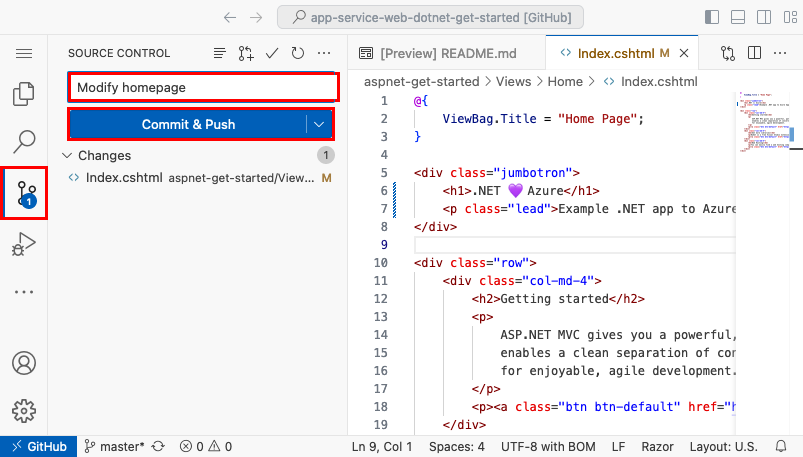 'We love Azure'라는 커밋 메시지가 있는 원본 제어 패널, 커밋 및 푸시 단추가 강조 표시된 브라우저의 Visual Studio Code 스크린샷