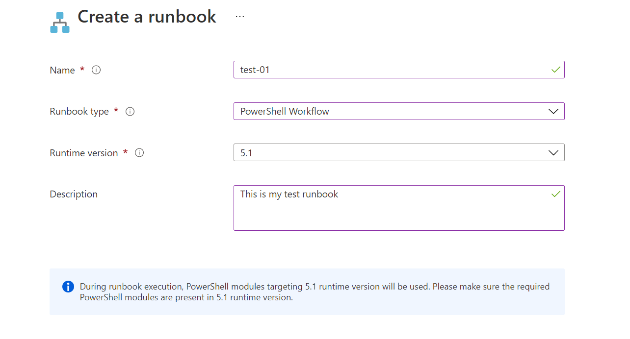 포털의 PowerShell 워크플로 Runbook 옵션