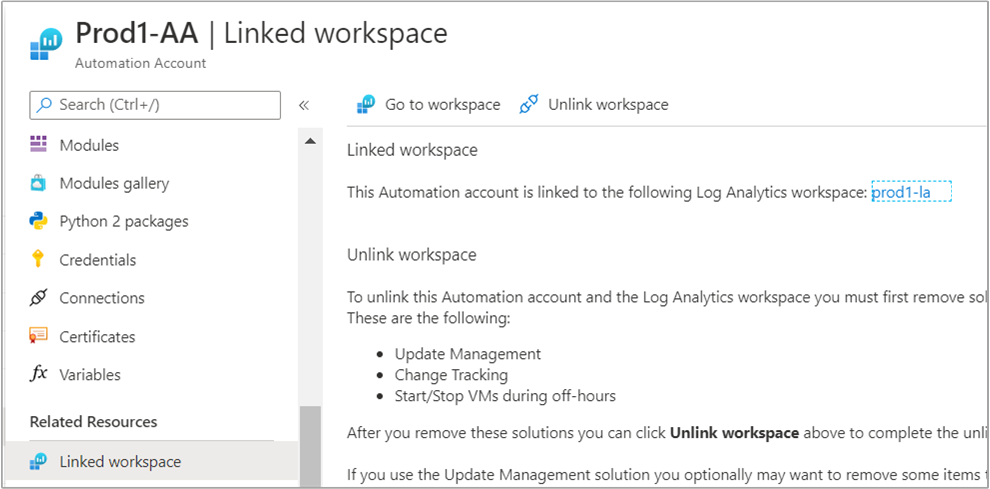 Log Analytics 작업 영역에 연결된 Automation 계정