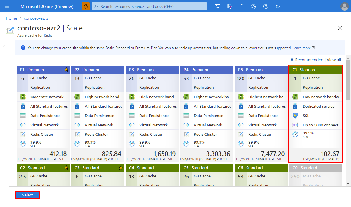 Azure Cache for Redis 계층을 보여 주는 스크린샷.