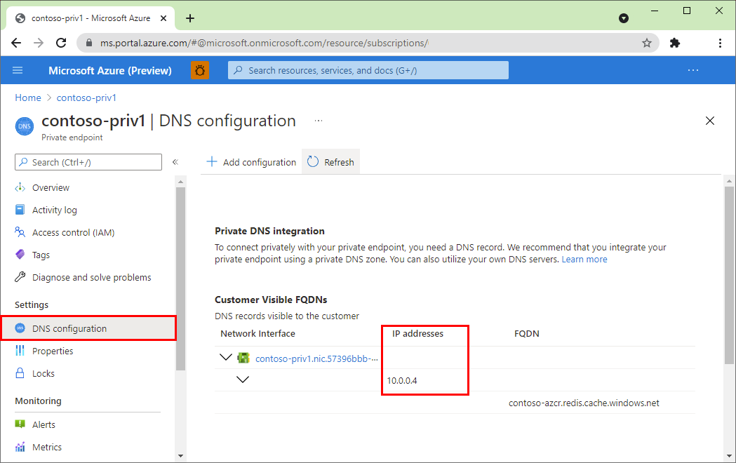 Azure Portal의 프라이빗 엔드포인트 DNS 설정.