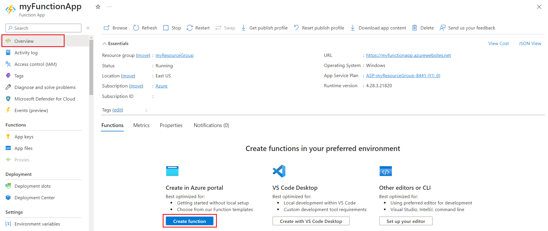 Azure Portal에서 함수를 추가하는 스크린샷.