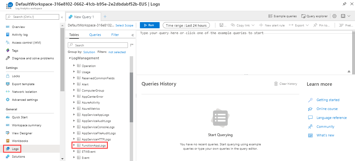 Log Analytics 작업 영역에 있는 Azure Functions에 대한 쿼리 창의 스크린샷.