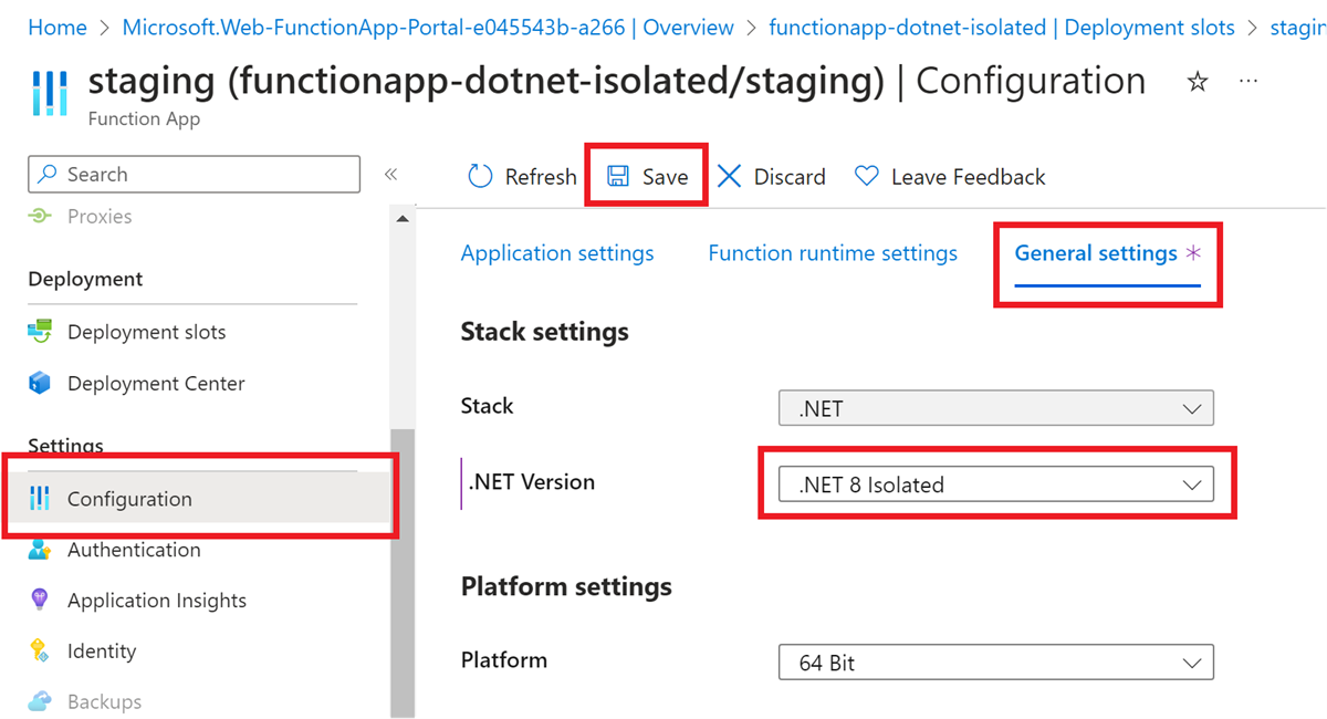 Azure Portal에서 함수 앱에 대해 원하는 .NET 버전을 설정하는 방법의 스크린샷.