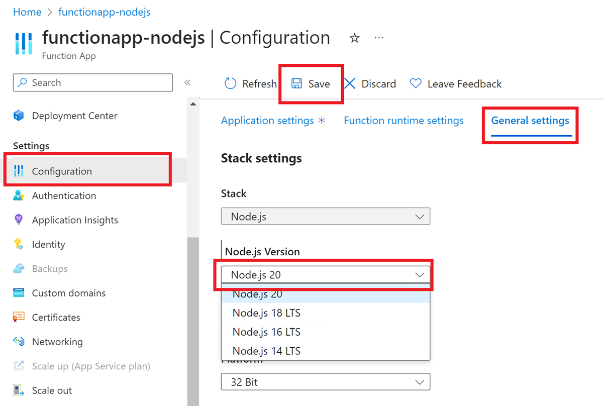 Azure Portal에서 함수 앱에 대해 원하는 Node.js 버전을 설정하는 방법의 스크린샷.