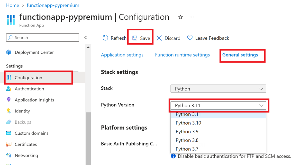 Azure Portal에서 함수 앱에 대해 원하는 Python 버전을 설정하는 방법의 스크린샷.