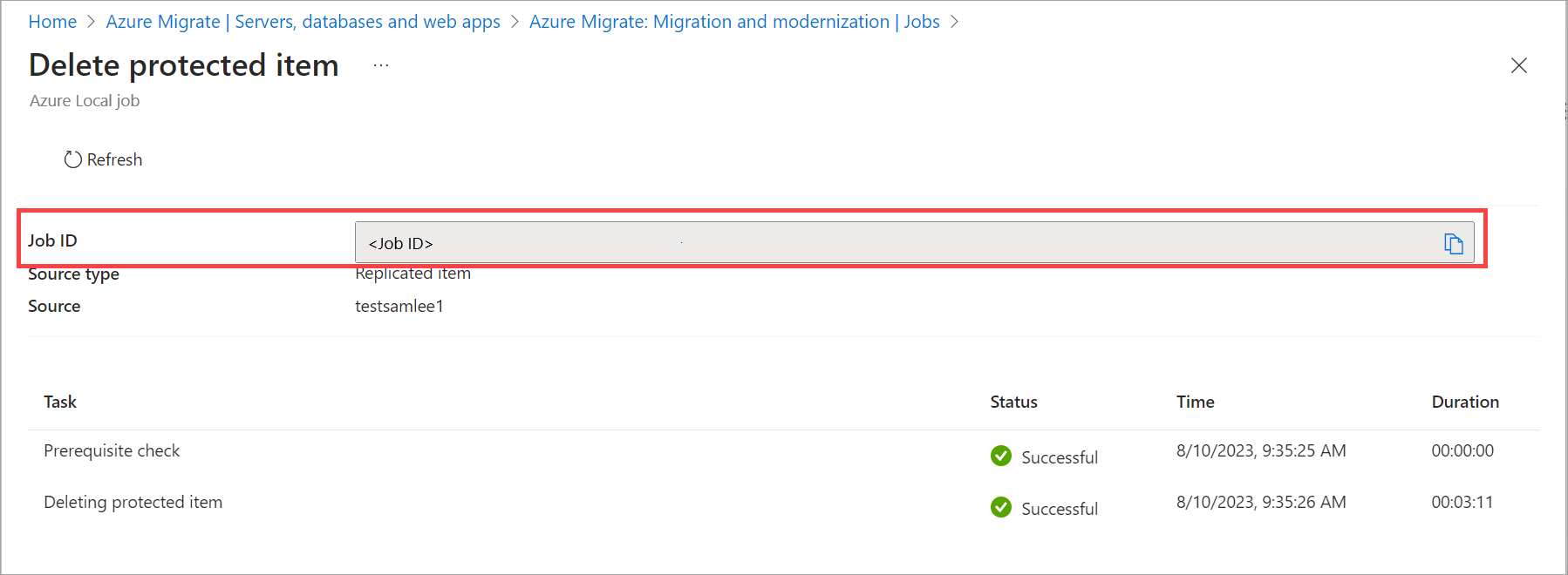 스크린샷 Azure Migrate 프로젝트 > 마이그레이션 도구 > 개요 > Azure 로컬 마이그레이션 > 작업 > 작업 > 작업 Azure Portal에서 보호된 항목을 만들거나 업데이트합니다.