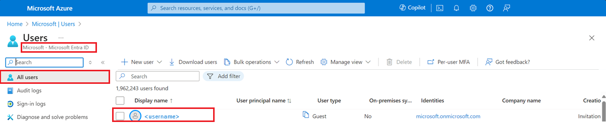 Azure Portal 모든 사용자 페이지를 보여 주는 스크린샷. 한 명의 사용자에 대한 정보는 표시되지만 해독할 수는 없습니다.