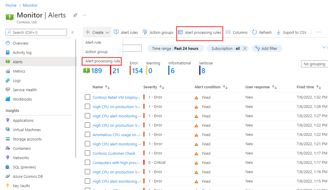 Azure Monitor 방문 페이지에서 경고 처리 규칙에 액세스하는 방법을 보여 주는 스크린샷