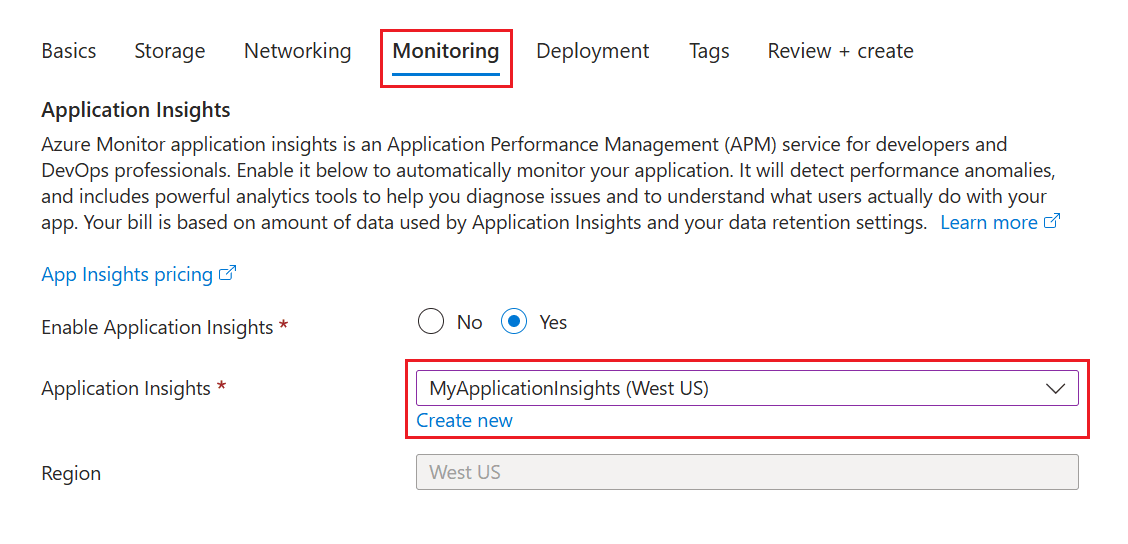 모니터링 탭에서 기존 Application Insights 리소스 선택을 보여 주는 스크린샷.