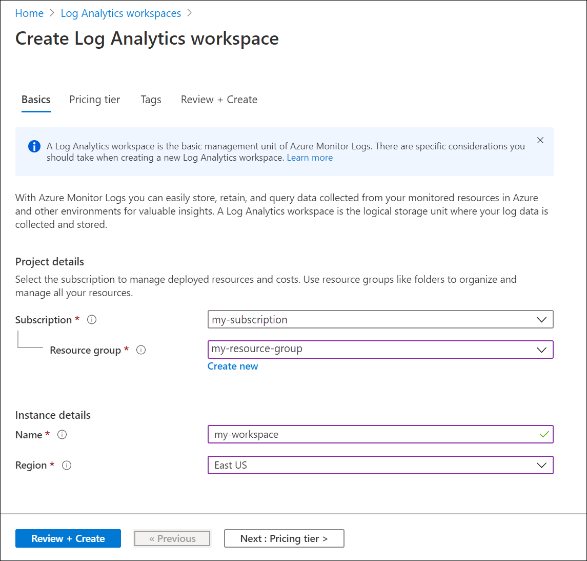 Log Analytics 작업 영역 만들기 화면의 기본 탭에 채워야 하는 상자를 보여 주는 스크린샷