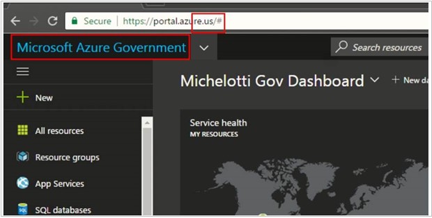 URL로 portal.azure.us를 강조 표시하는 Azure Government 포털을 보여 주는 스크린샷