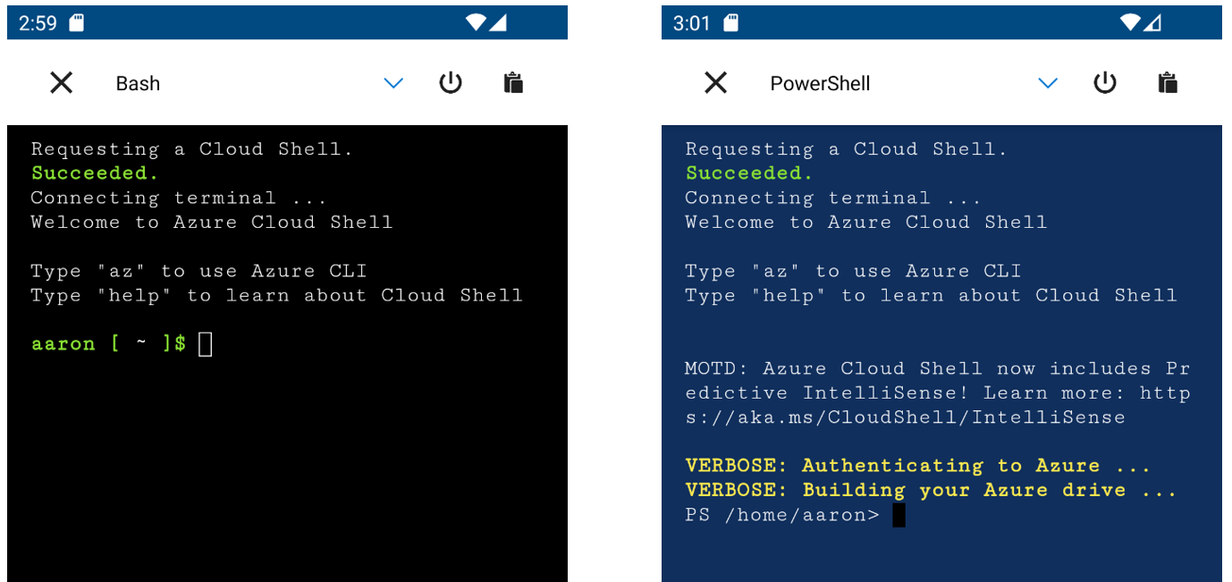 Azure 모바일 앱의 Cloud Shell에 대한 Bash 및 PowerShell 옵션을 보여 주는 스크린샷.