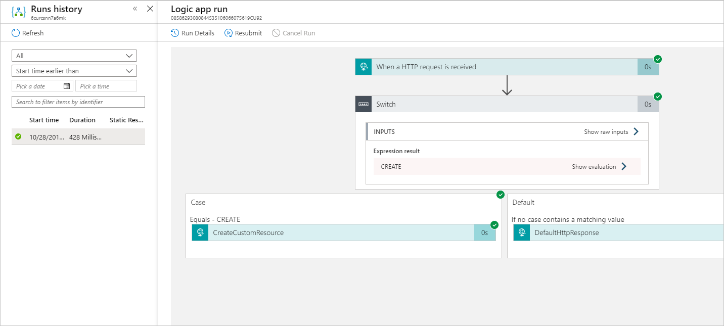 Screenshot of the Logic app Runs history tab in Azure portal showing the calls for the association create.