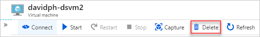 Azure Portal에서 가상 머신에 대한 삭제 단추의 스크린샷