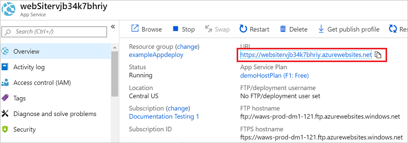 Azure Portal에 URL이 강조 표시된 웹앱 리소스가 보이는 스크린샷