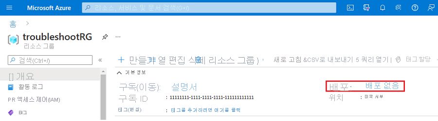 실행 전 오류로 인해 빈 배포 기록 섹션을 표시하는 Azure 리소스 그룹 개요 페이지의 스크린샷