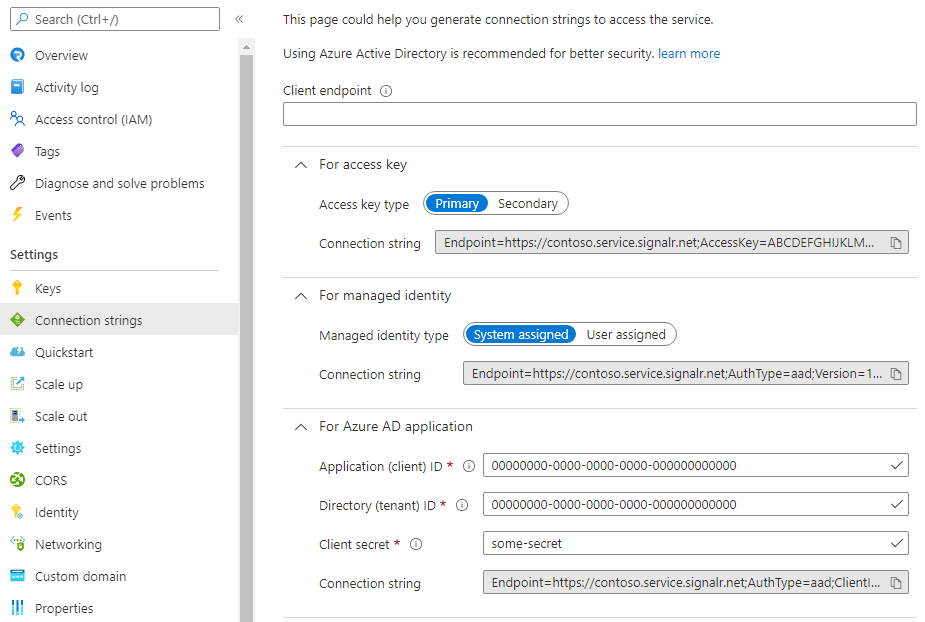 Azure Portal에서 Azure SignalR Service에 대한 연결 문자열 생성기를 보여 주는 스크린샷