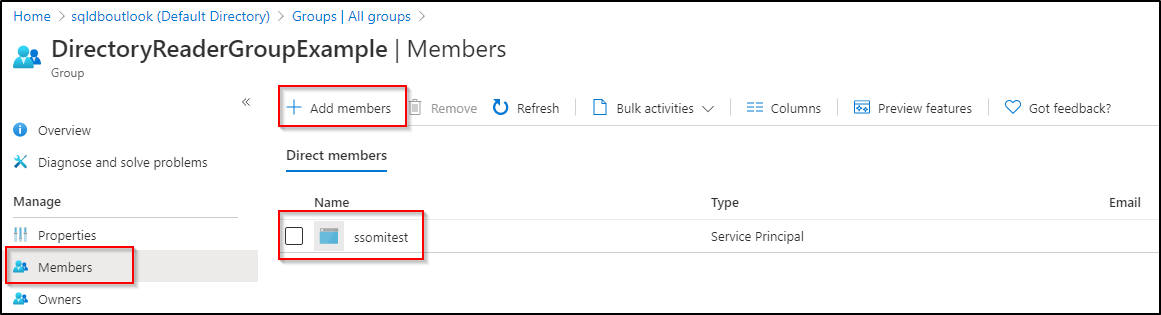 SQL Managed Instance를 새 멤버로 추가하기 위한 옵션이 강조 표시된 Microsoft Entra 리소스의 멤버 페이지 스크린샷