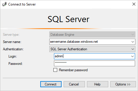 SSMS(SQL Server Management Studio)의 Azure SQL 데이터베이스 논리 서버에 연결 대화 상자 스크린샷입니다.