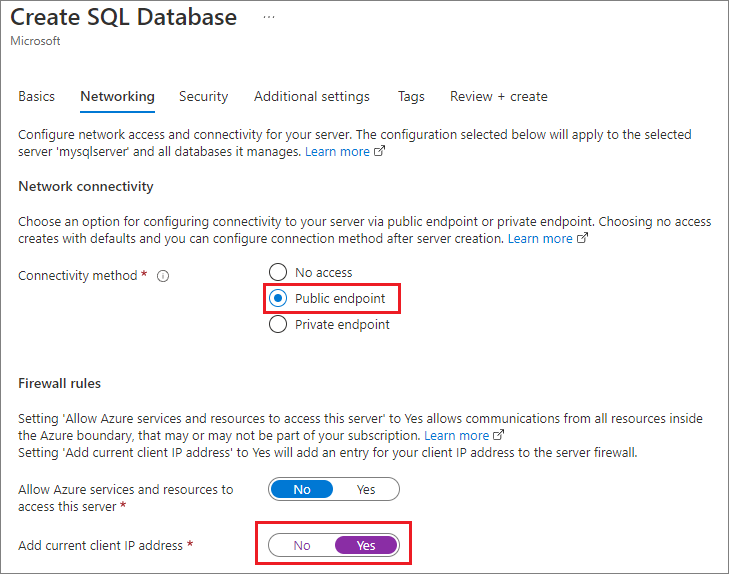 SQL Database 생성 페이지를 보여 주는 Azure Portal의 스크린샷입니다. 네트워킹 탭에서 연결 방법으로 공용 엔드포인트 옵션이 선택됩니다. 현재 클라이언트 IP 주소 추가 옵션은 예입니다.