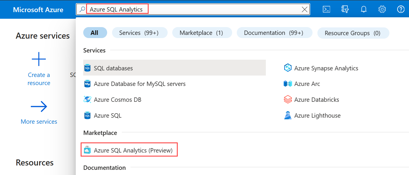 포털에서 Azure SQL 분석을 검색하는 방법을 보여주는 스크린샷