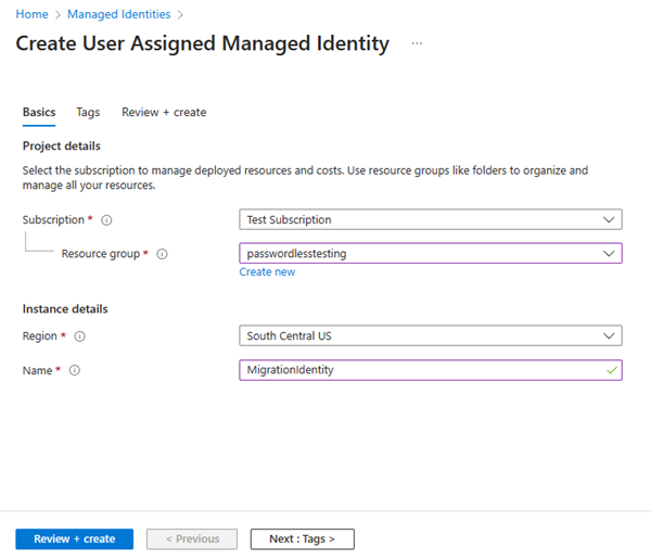 Azure Portal을 사용하여 관리 ID를 생성하는 방법을 보여주는 스크린샷.