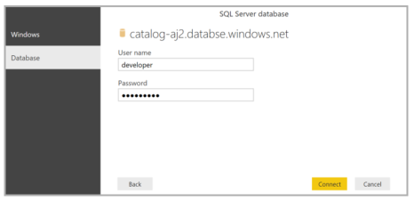 사용자 이름 및 암호를 입력할 수 있는 SQL Server 데이터베이스 대화 상자를 보여 주는 스크린샷