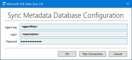 Microsoft SQL 데이터 동기화 2.0 클라이언트 에이전트 앱의 스크린샷. 에이전트 키와 서버 자격 증명을 입력합니다.