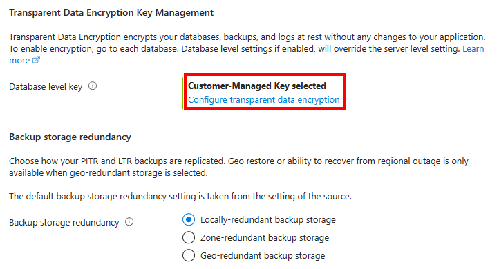 투명한 데이터 암호화 키 관리 섹션이 확장된 Azure Portal 데이터베이스 복사 메뉴의 스크린샷