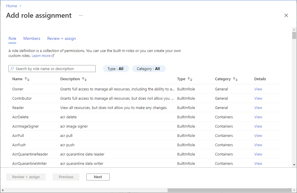 Azure Portal의 역할 할당 추가 페이지를 보여 주는 스크린샷