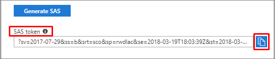 SAS 토큰을 복사하는 방법을 보여 주는 스크린샷.