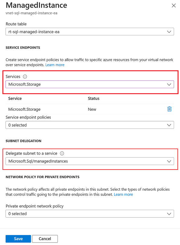 Azure Portal의 SQL managed instance 서브넷 구성 페이지 스크린샷.