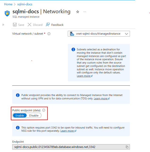 퍼블릭 엔드포인트를 사용하도록 설정한 SQL Managed Instance의 가상 네트워크 페이지를 보여 주는 스크린샷