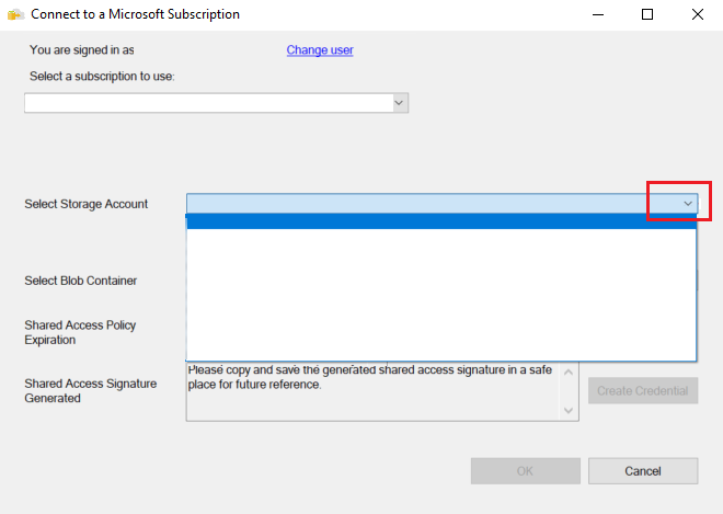 Microsoft 구독에 연결 대화 상자의 스크린샷. 스토리지 계정 선택 목록 상자의 아래쪽 화살표가 호출됩니다.