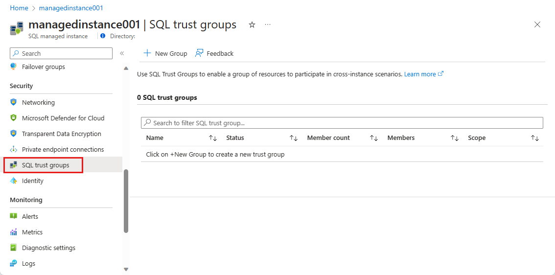 스크린샷은 SQL 관리 인스턴스에 대한 SQL 신뢰 그룹 페이지를 보여줍니다.