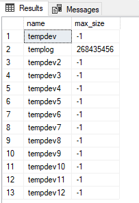 tempdb 파일의 최대 크기를 보여 주는 SSMS의 쿼리 결과 창의 스크린샷 